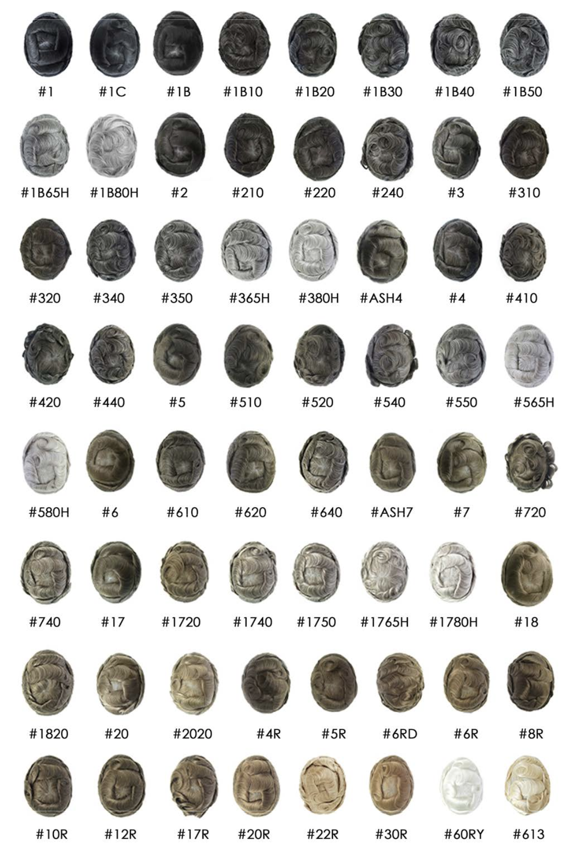 PrimeX hair system color chart with 64 available shades